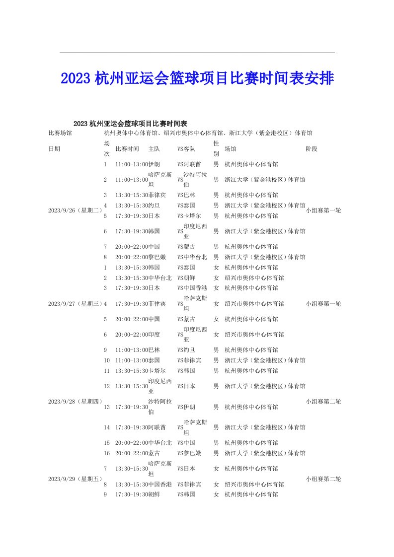 2023杭州亚运会篮球项目比赛时间表安排