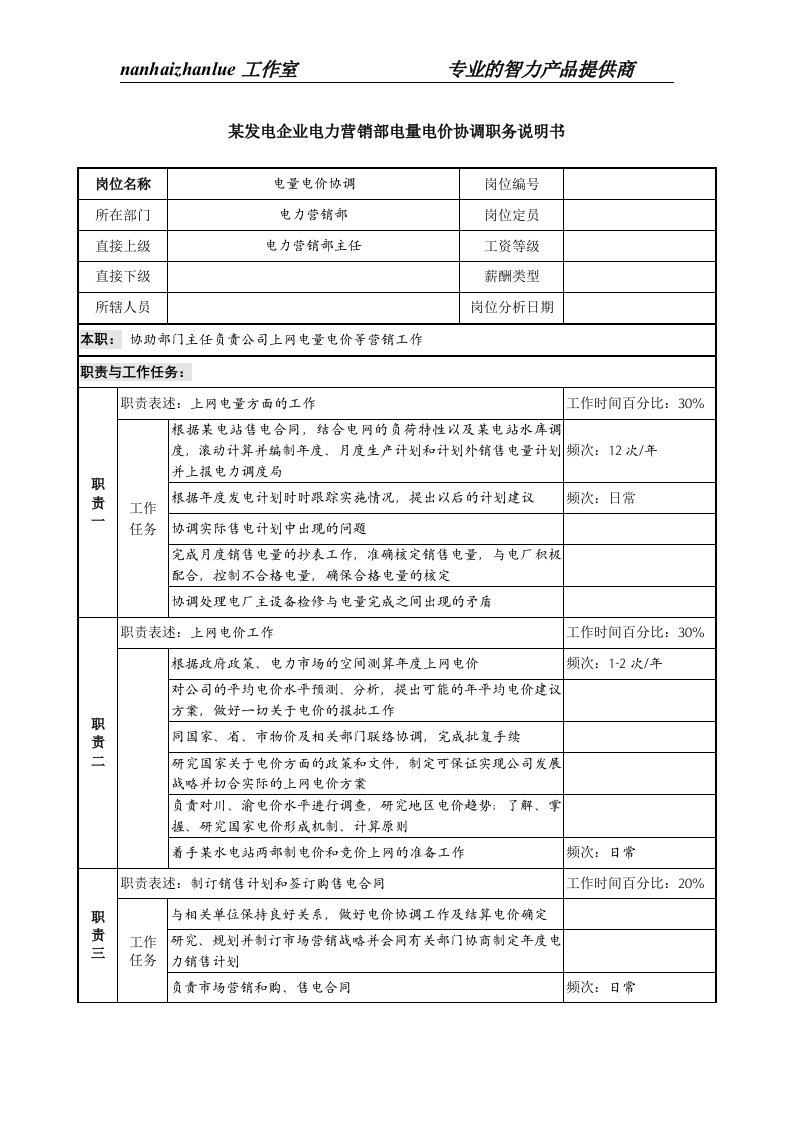 某发电企业电力营销部电量电价协调职务说明书