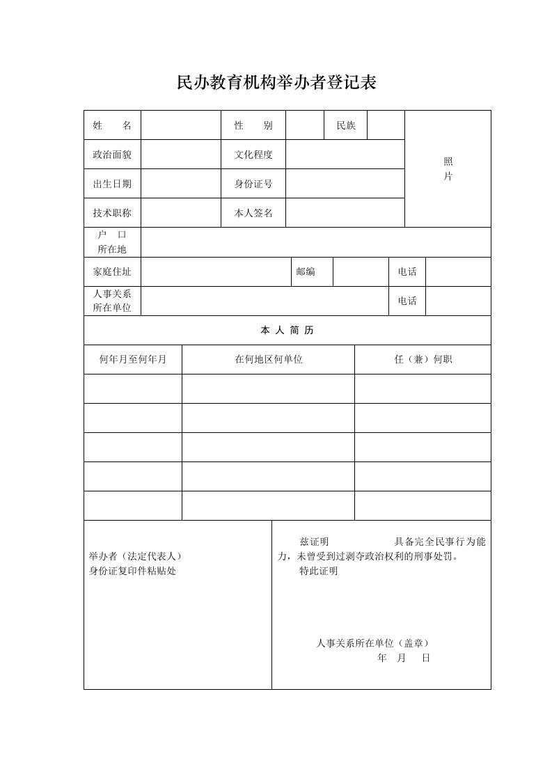 民办教育机构举办者登记表