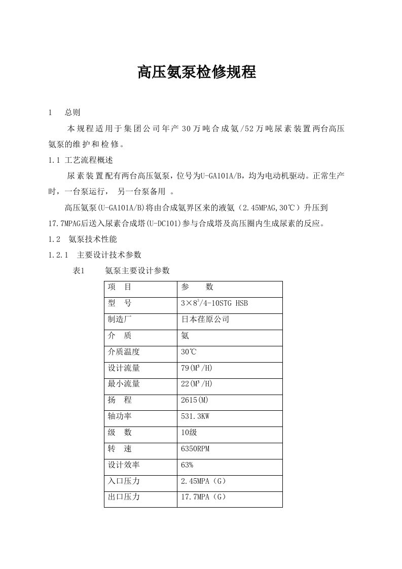 高压氨泵检修规程参考范本