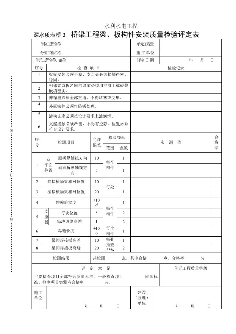 工程资料-深水质表桥3桥梁工程梁板构件安装质量检验评定表