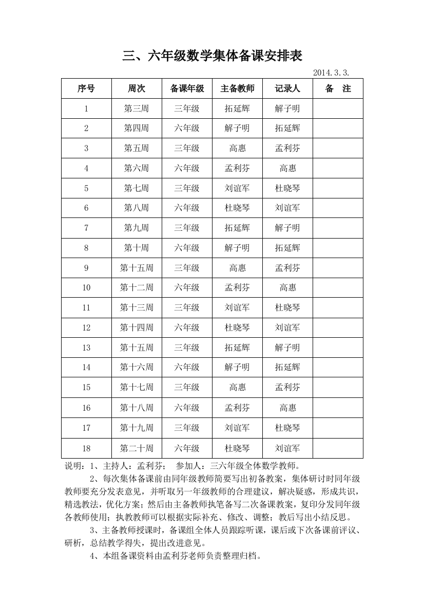 三六年级数学集体备课安排表