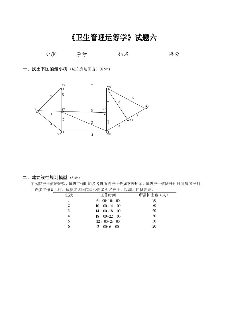 卫生管理运筹学试题六