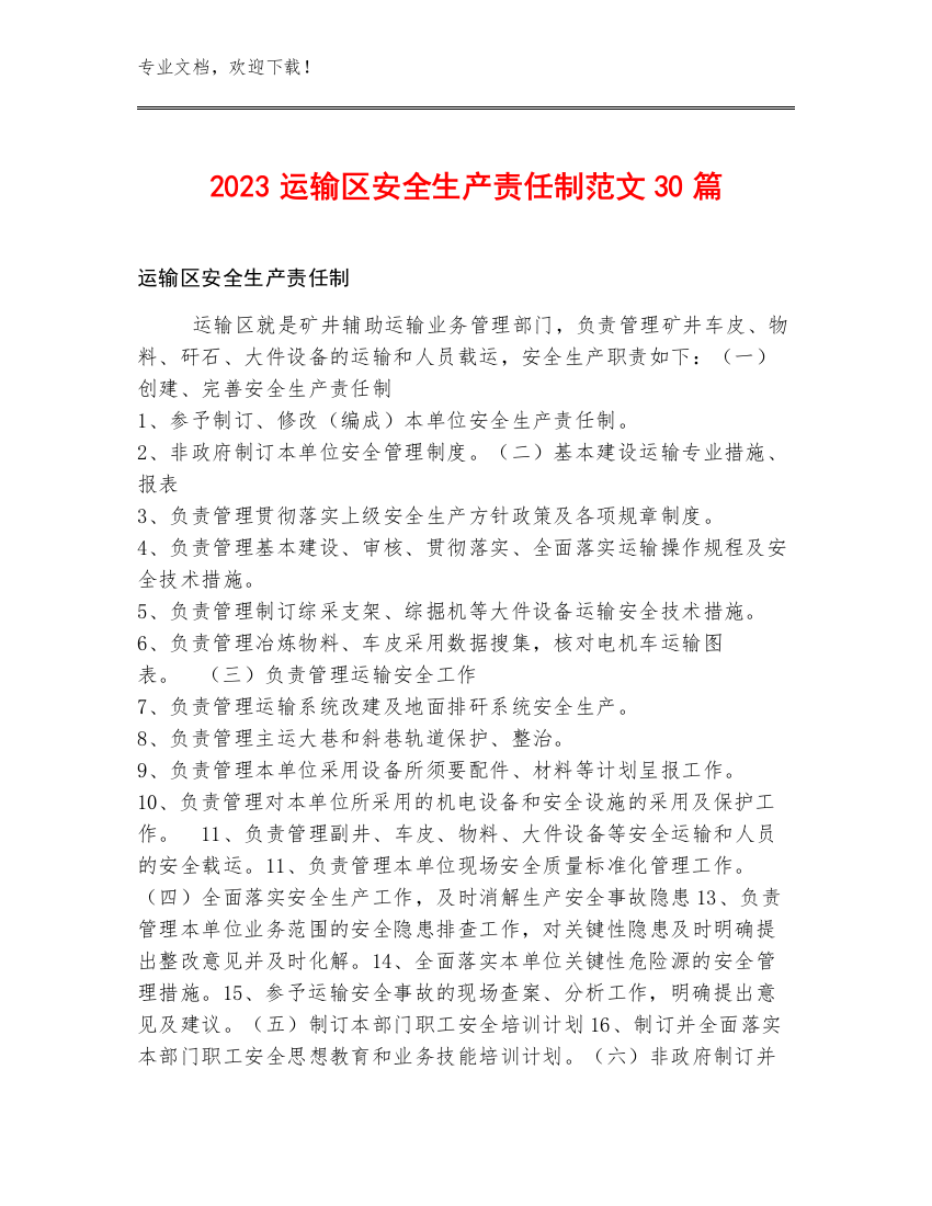 2023运输区安全生产责任制范文30篇