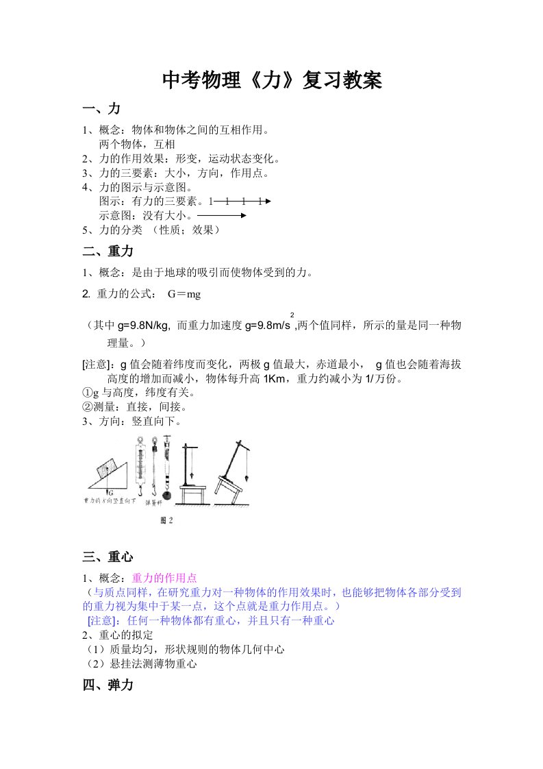 中考物理力复习教案