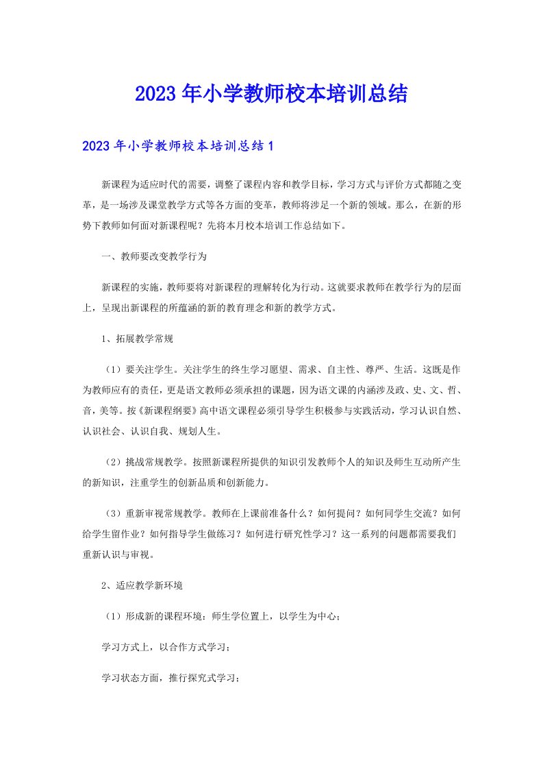 2023年小学教师校本培训总结