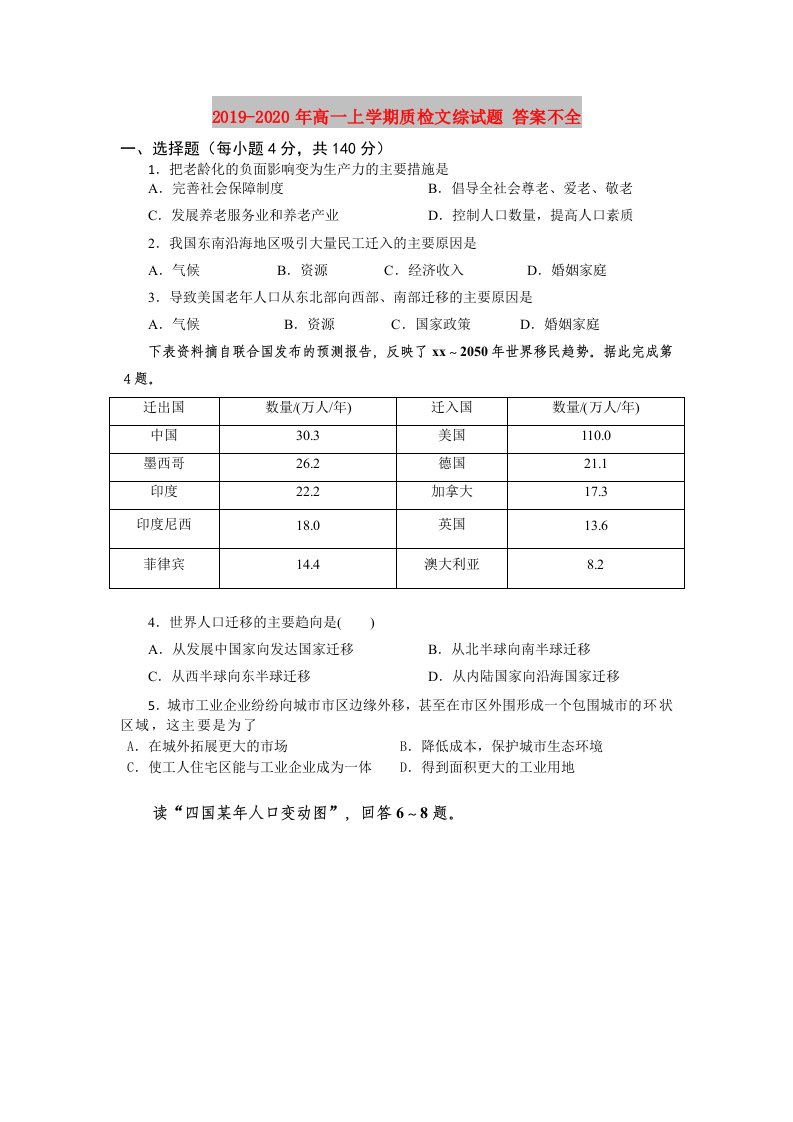 2019-2020年高一上学期质检文综试题