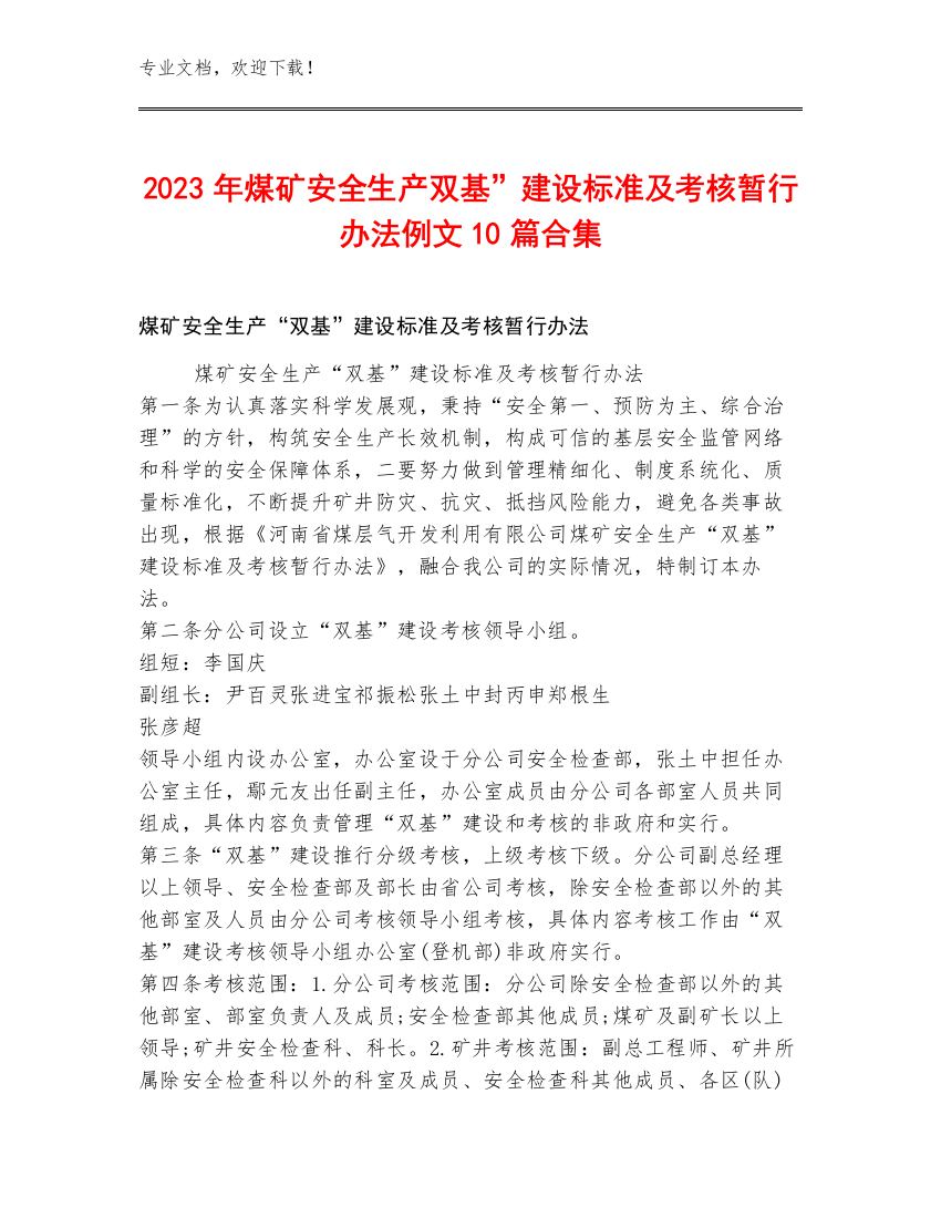 2023年煤矿安全生产双基”建设标准及考核暂行办法例文10篇合集