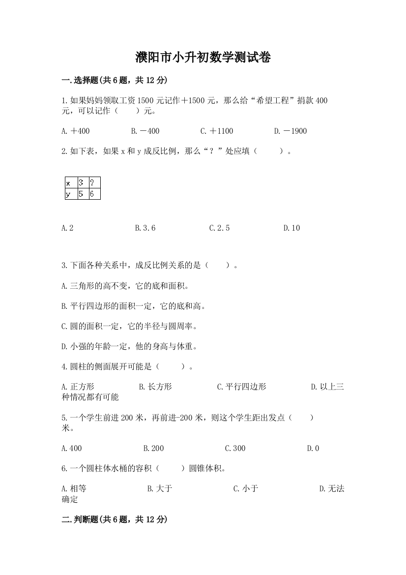 濮阳市小升初数学测试卷完美版