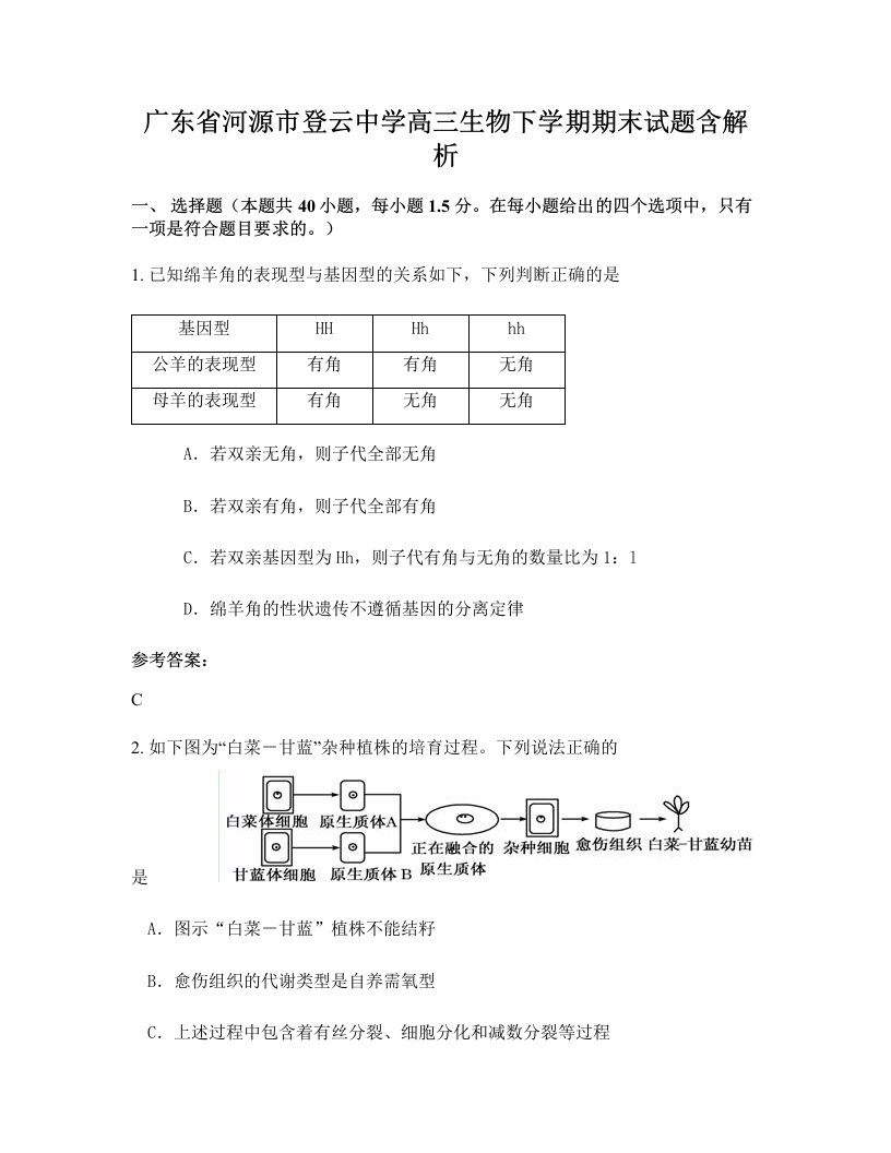 广东省河源市登云中学高三生物下学期期末试题含解析