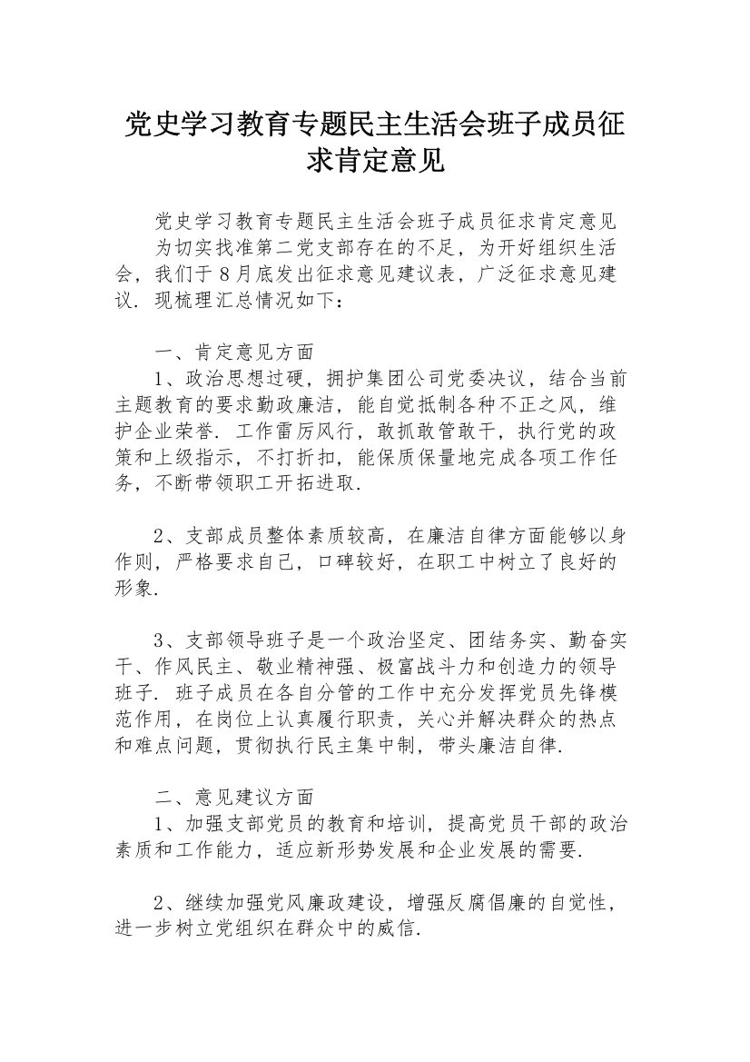 党史学习教育专题民主生活会班子成员征求肯定意见