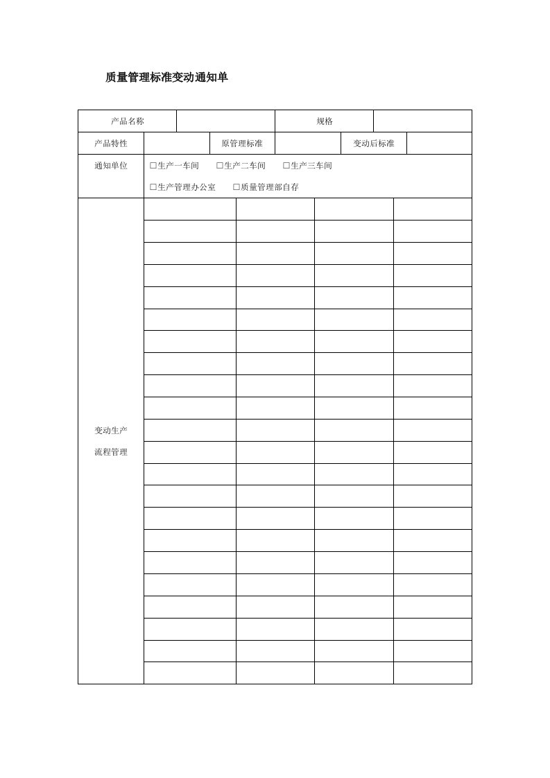 质量管理标准变动通知单