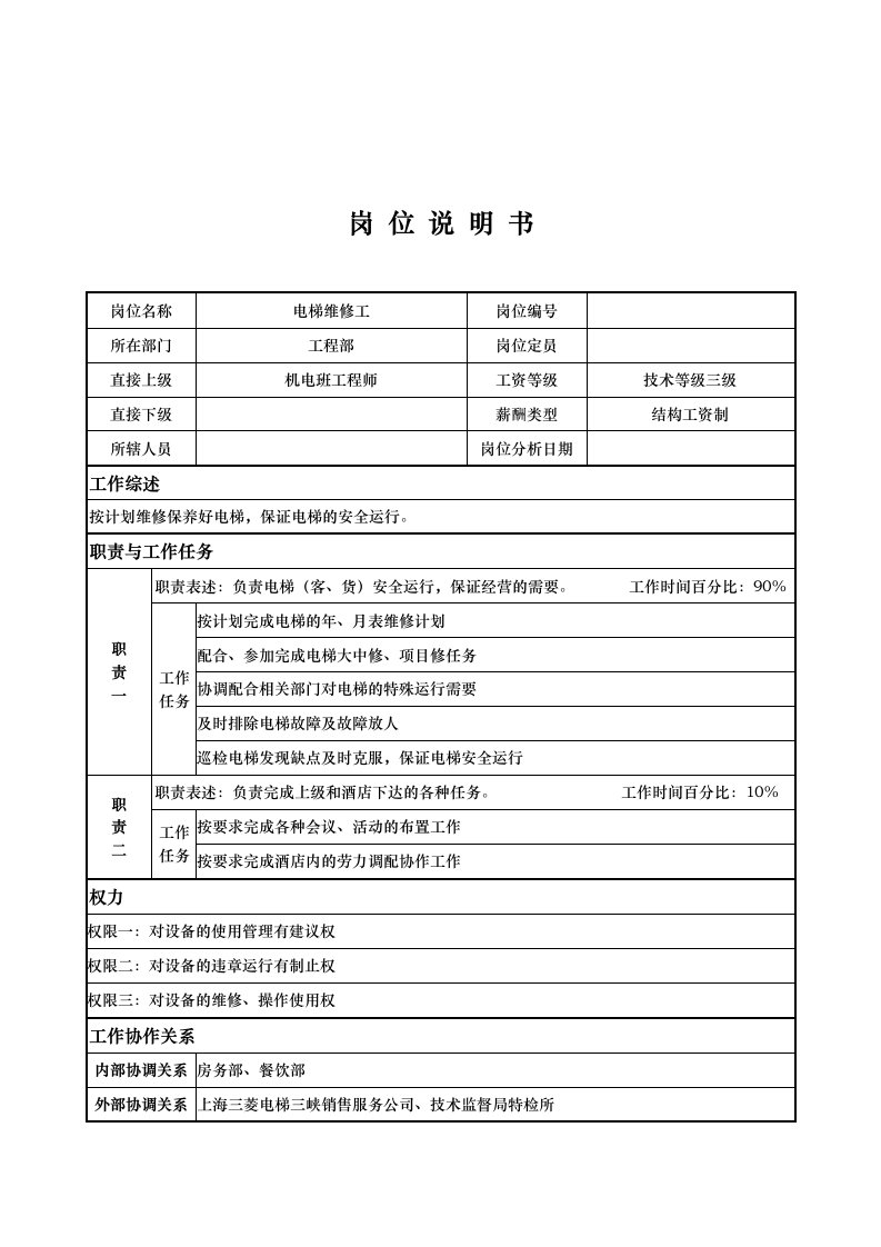 工程部电梯维修工岗位职责