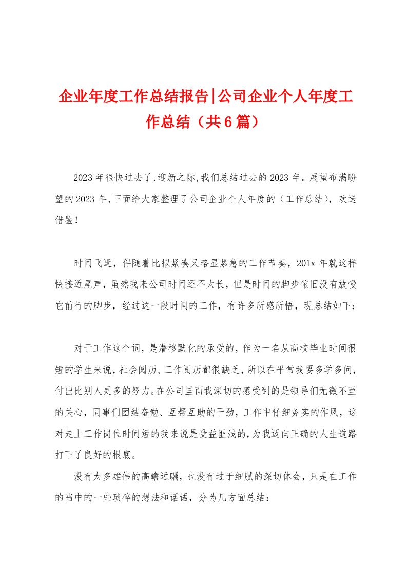 企业年度工作总结报告公司企业个人年度工作总结（共6篇）