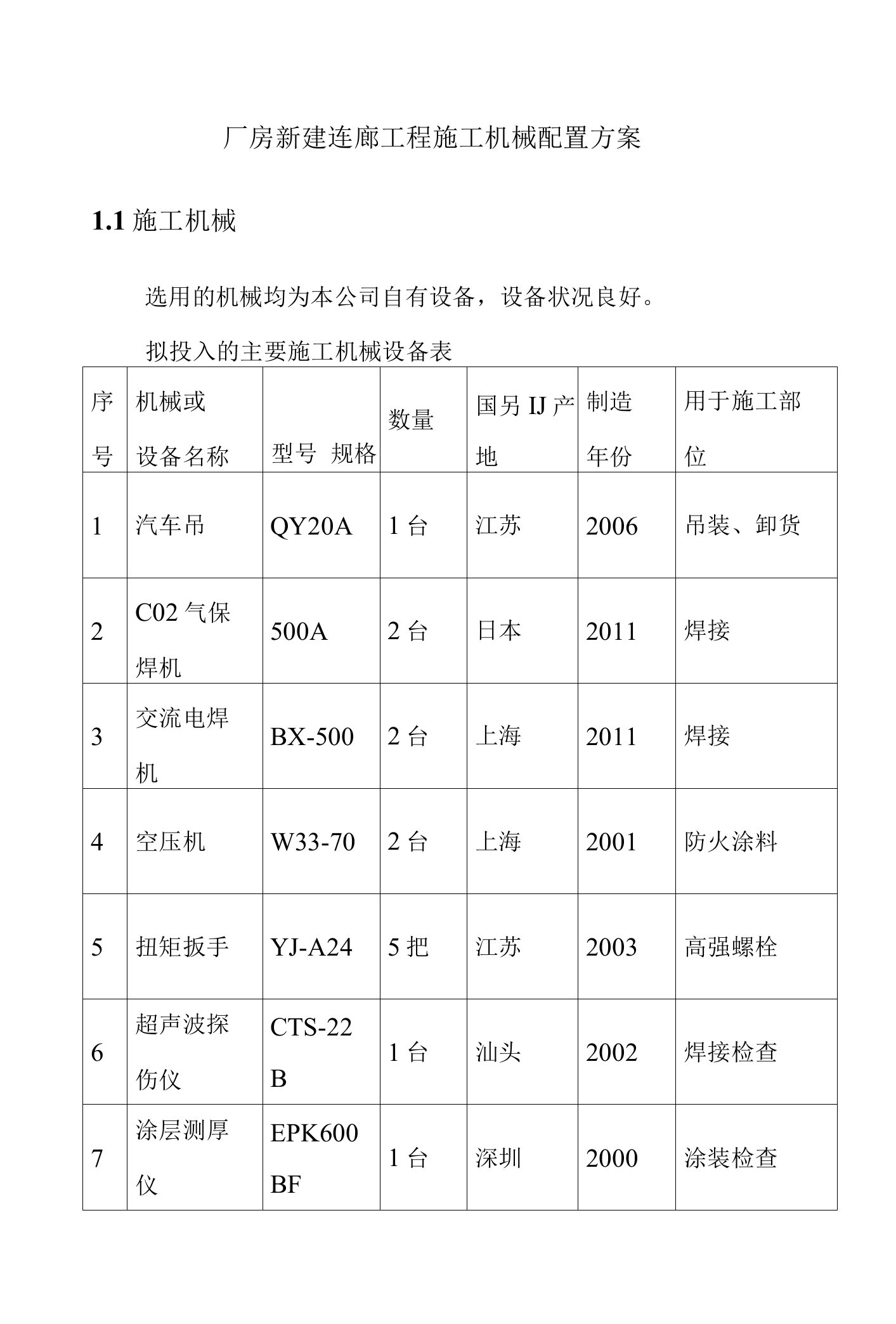 厂房新建连廊工程施工机械配置方案