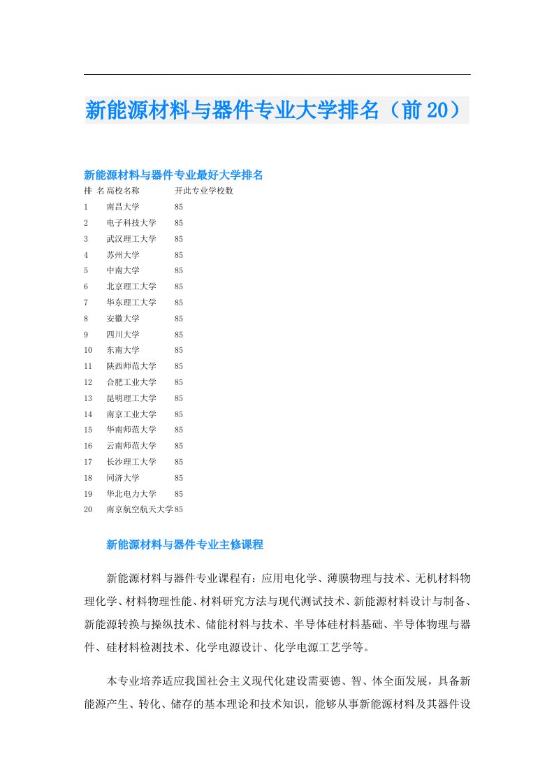 新能源材料与器件专业大学排名（前20）