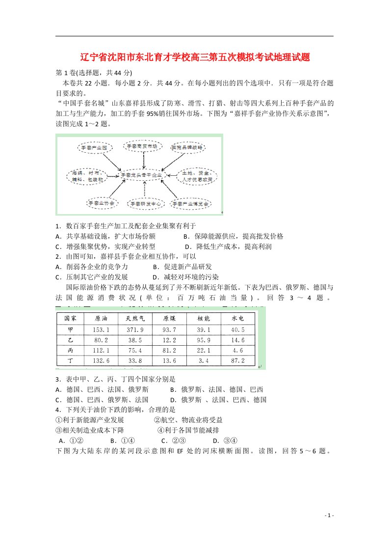 辽宁省沈阳市东北育才学校高三地理第五次模拟考试试题