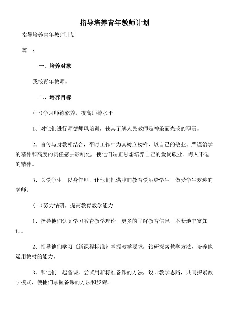 指导培养青年教师计划