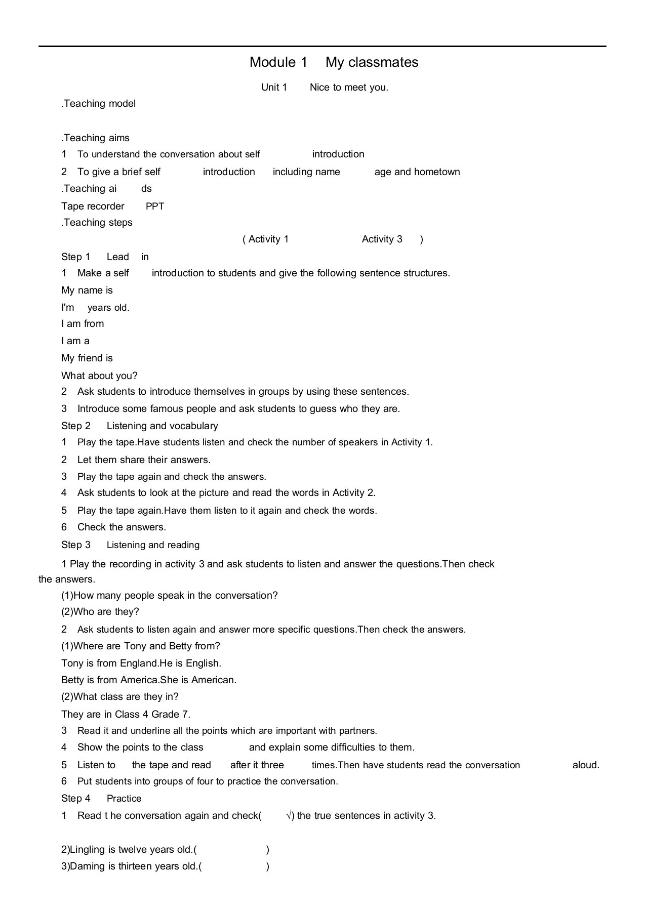 七年级英语上册Module1MyclassmatesUnit1Nicetomeetyou(第1课时)教案