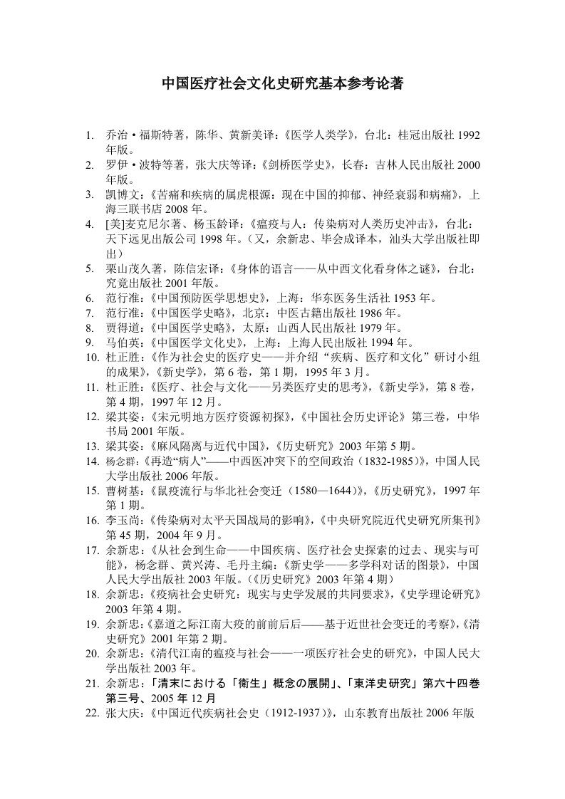 中国医疗社会文化史研究基本参考论著