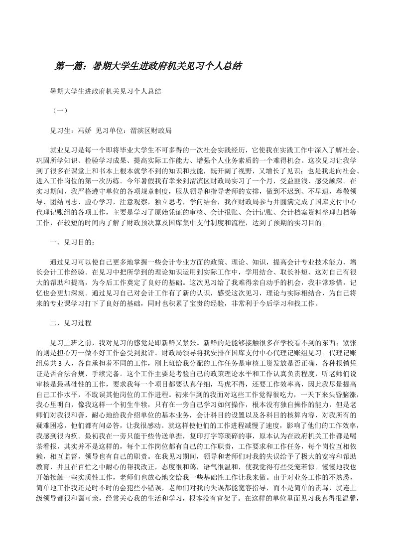 暑期大学生进政府机关见习个人总结（合集）[修改版]