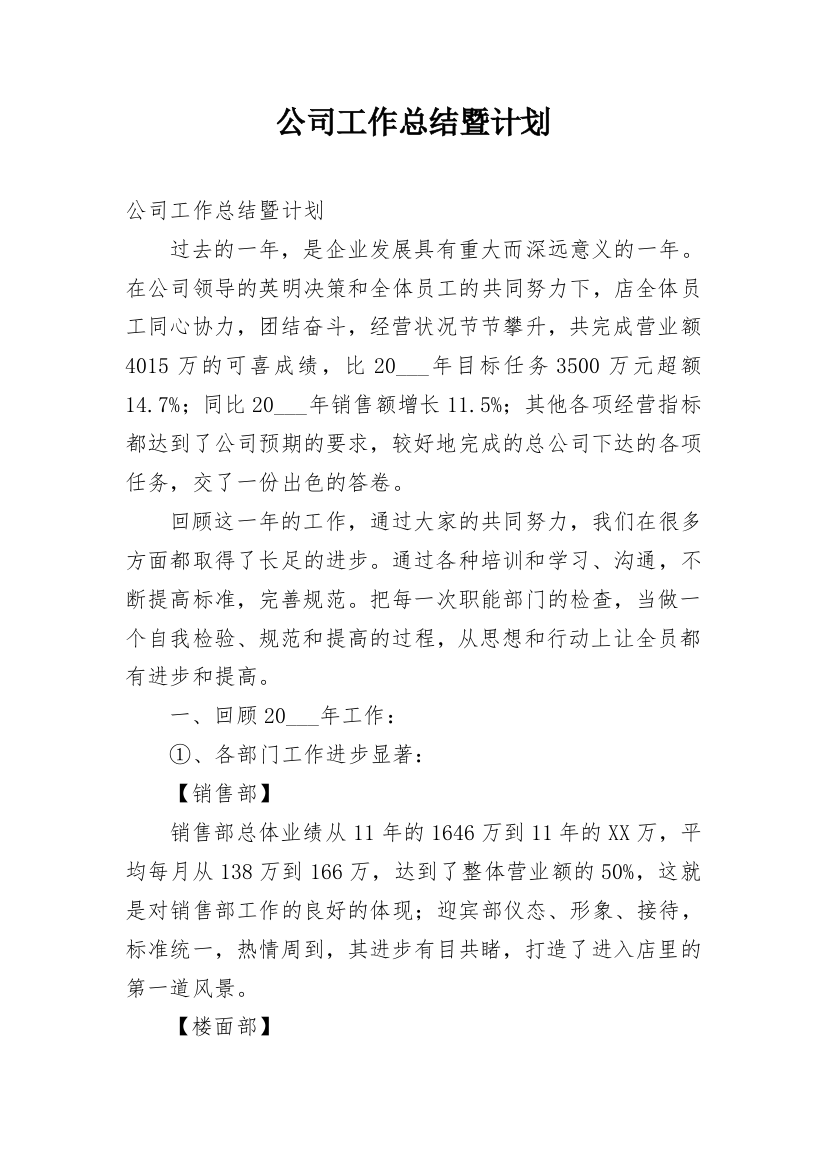 公司工作总结暨计划