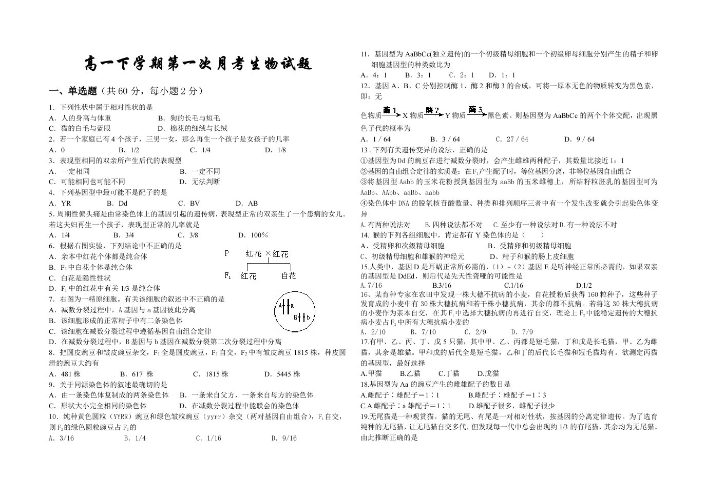 高一年级第一次月考生物试题