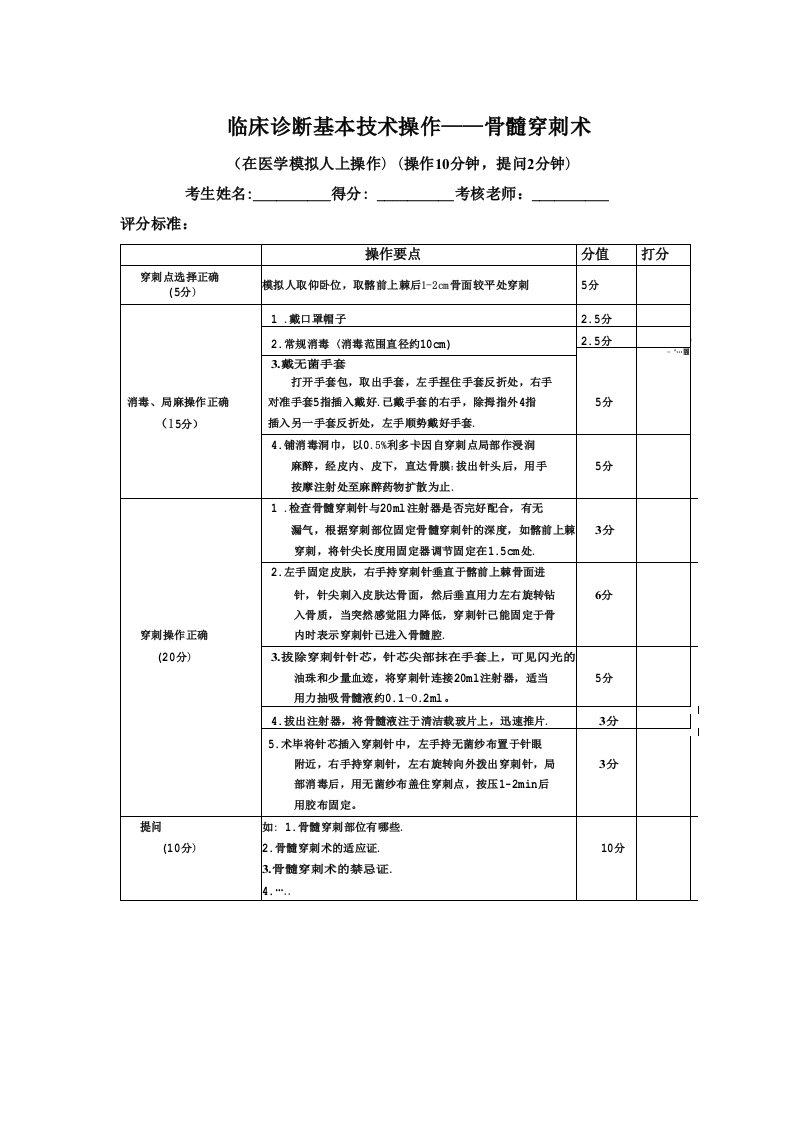 临床穿刺技能培训评分表