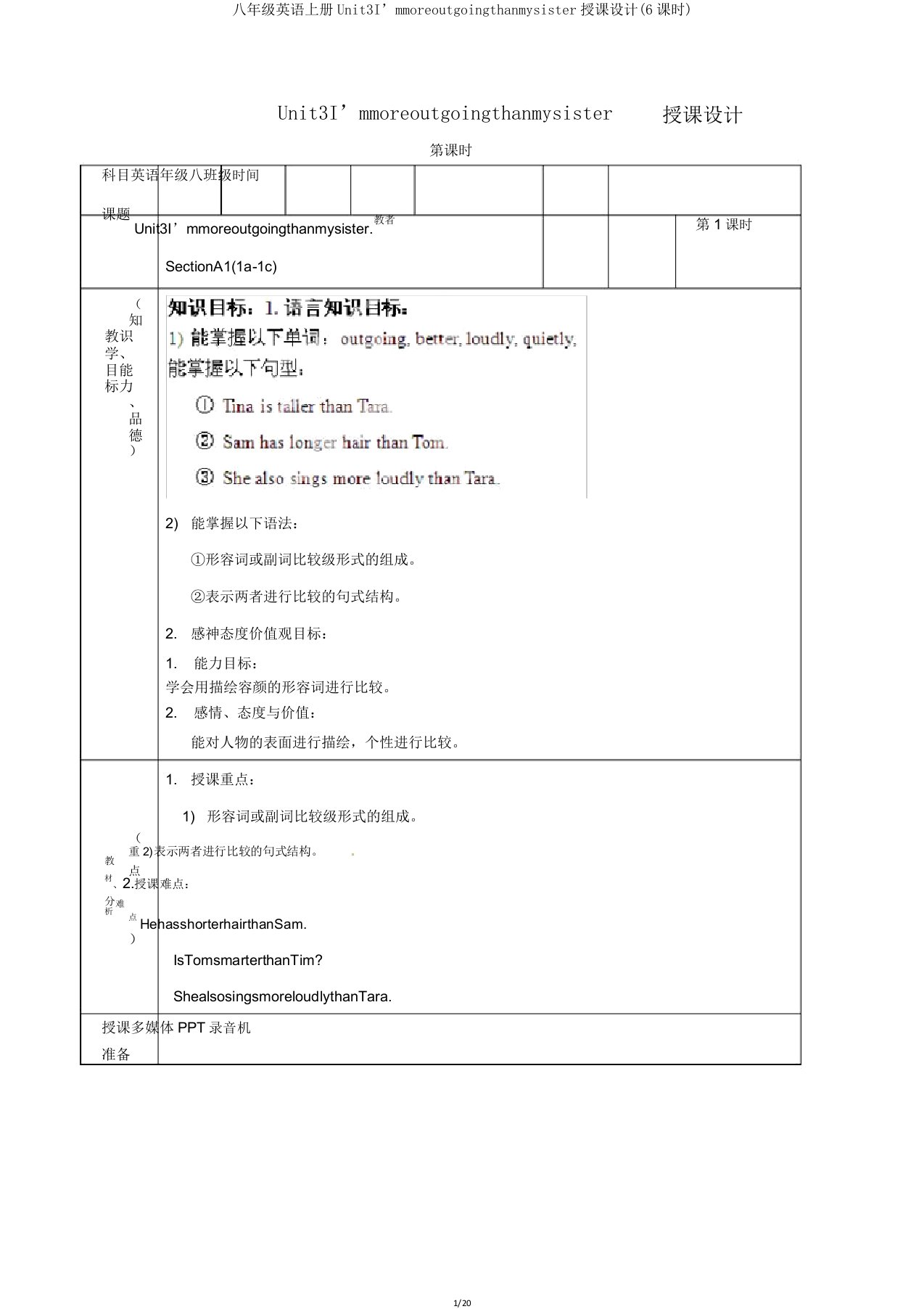 八年级英语上册Unit3I’mmoreoutgoingthanmysister教案(6课时)