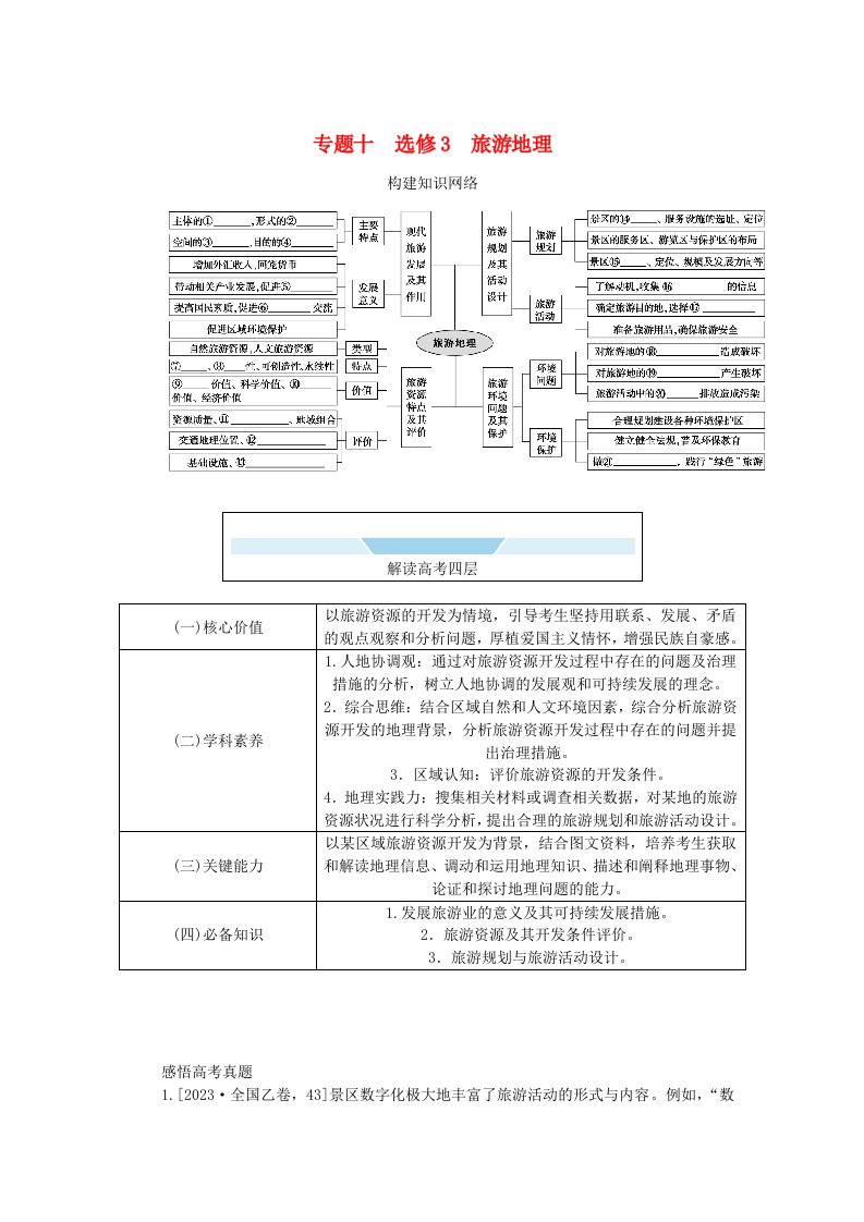 统考版2024高考地理二轮专题复习专题十选修3旅游地理构建知识网络教师用书