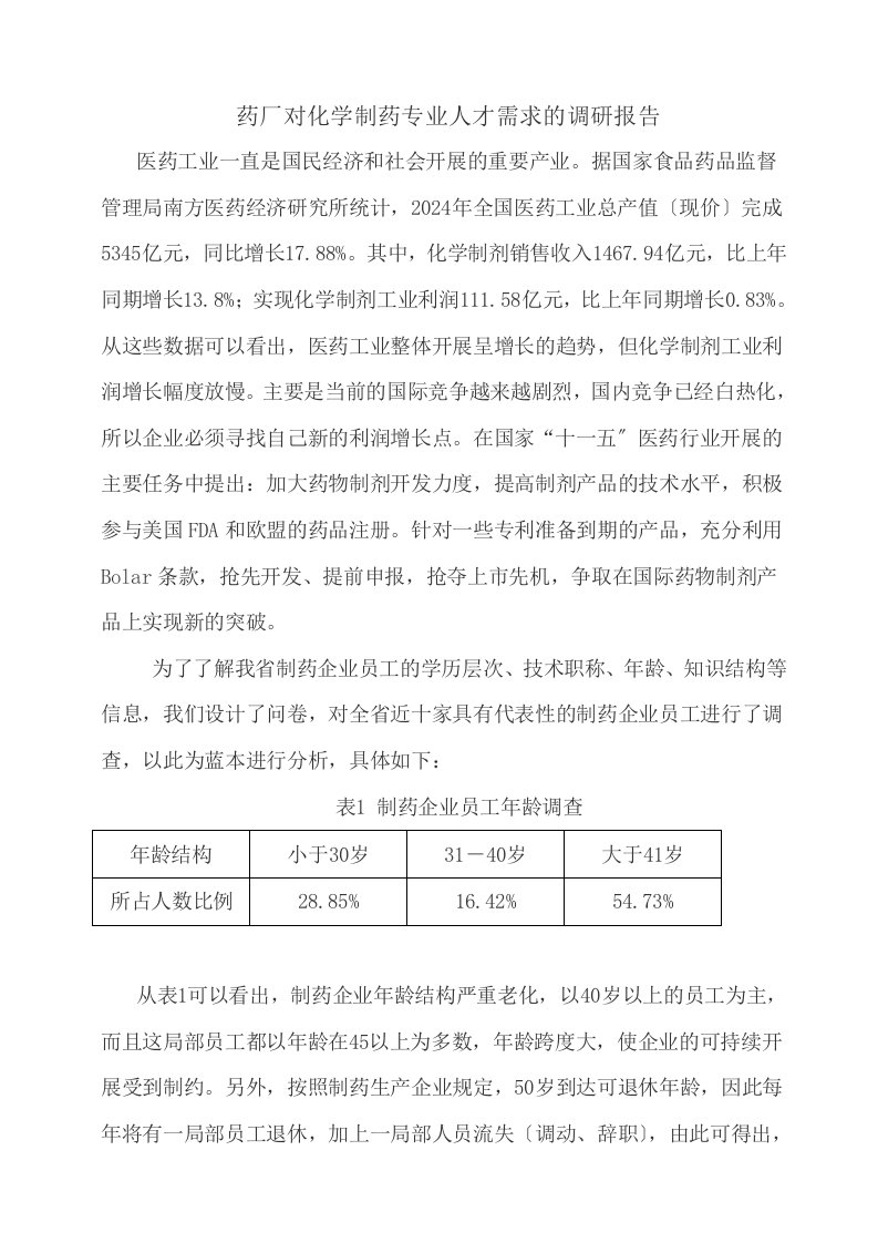 药厂对制药专业人才需求的调研报告