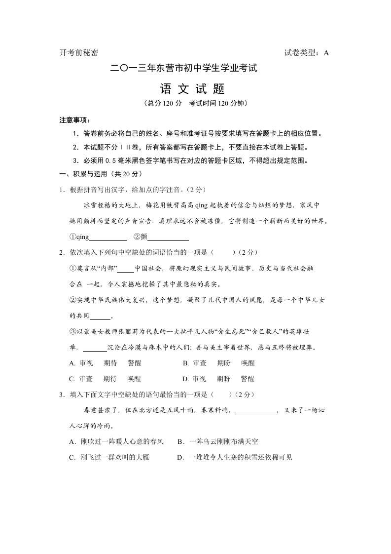 二〇一三年东营市初中学生学业考试语文试题