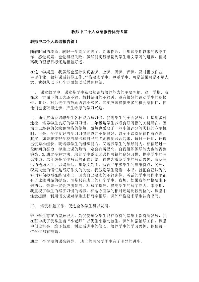 教师中二个人总结报告优秀5篇