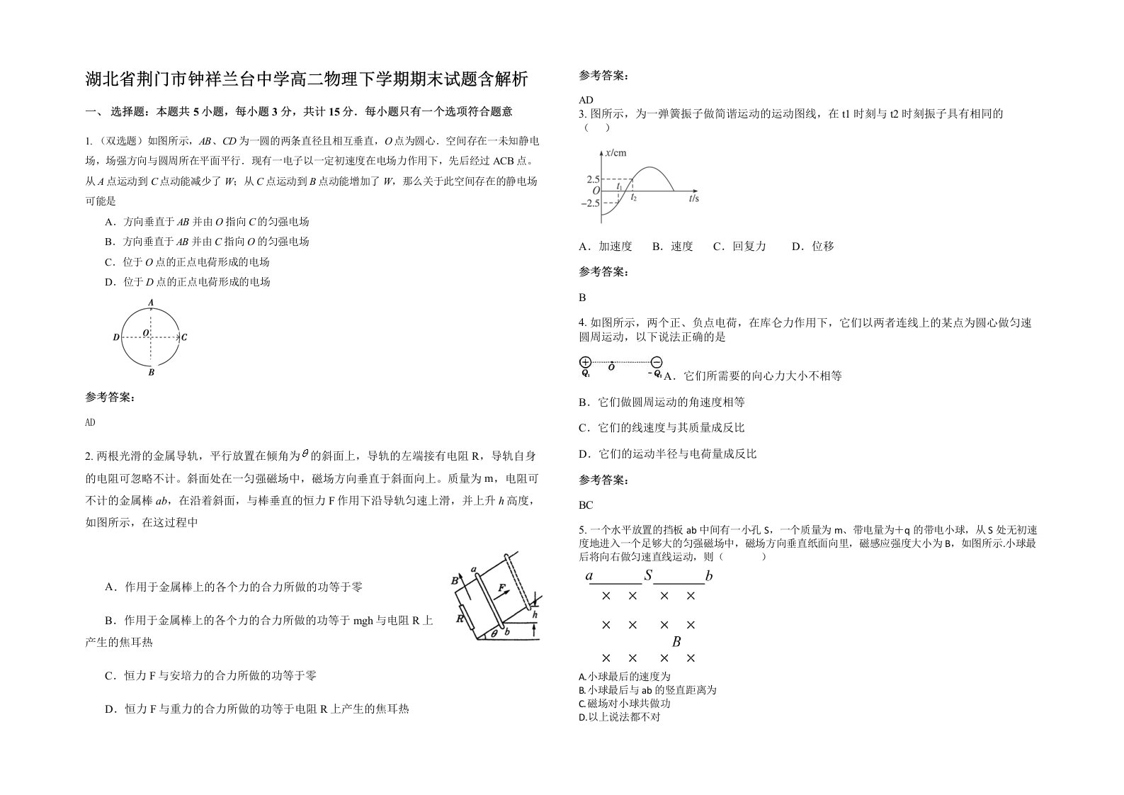 湖北省荆门市钟祥兰台中学高二物理下学期期末试题含解析