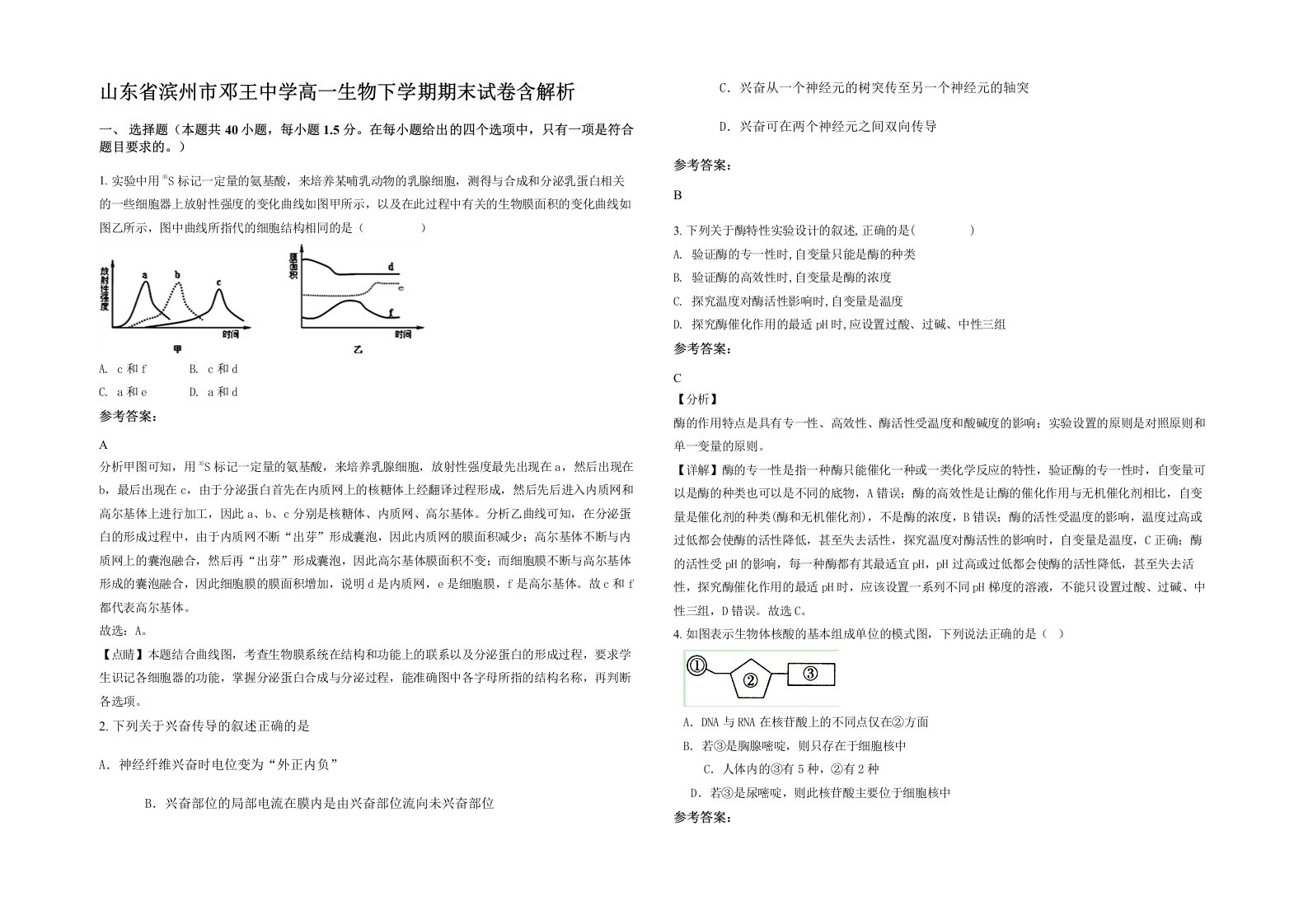 山东省滨州市邓王中学高一生物下学期期末试卷含解析