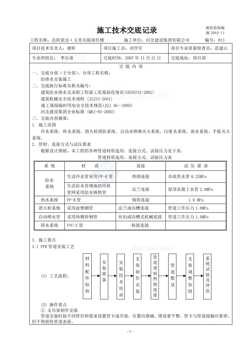 给排水安装技术交底记录