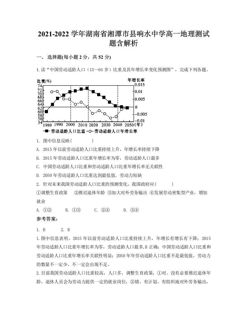 2021-2022学年湖南省湘潭市县响水中学高一地理测试题含解析