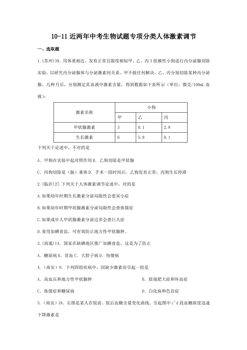 2021年中考生物四六激素调节真题无答案