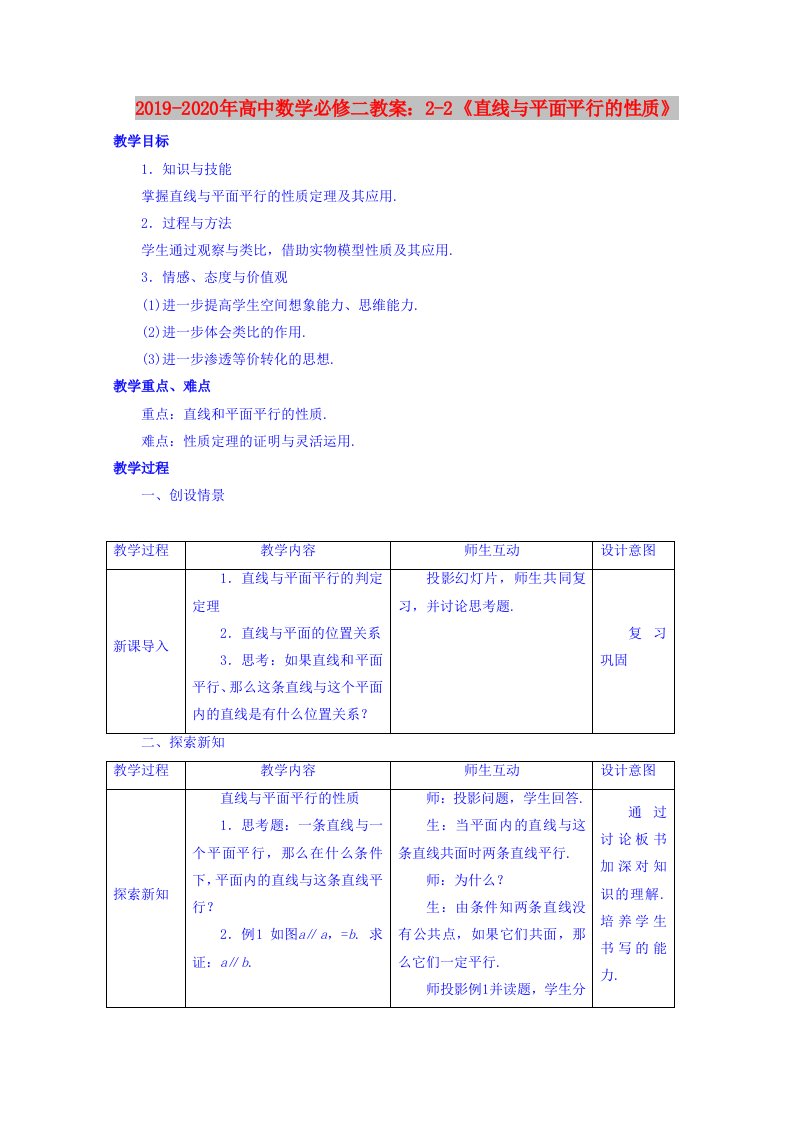 2019-2020年高中数学必修二教案：2-2《直线与平面平行的性质》