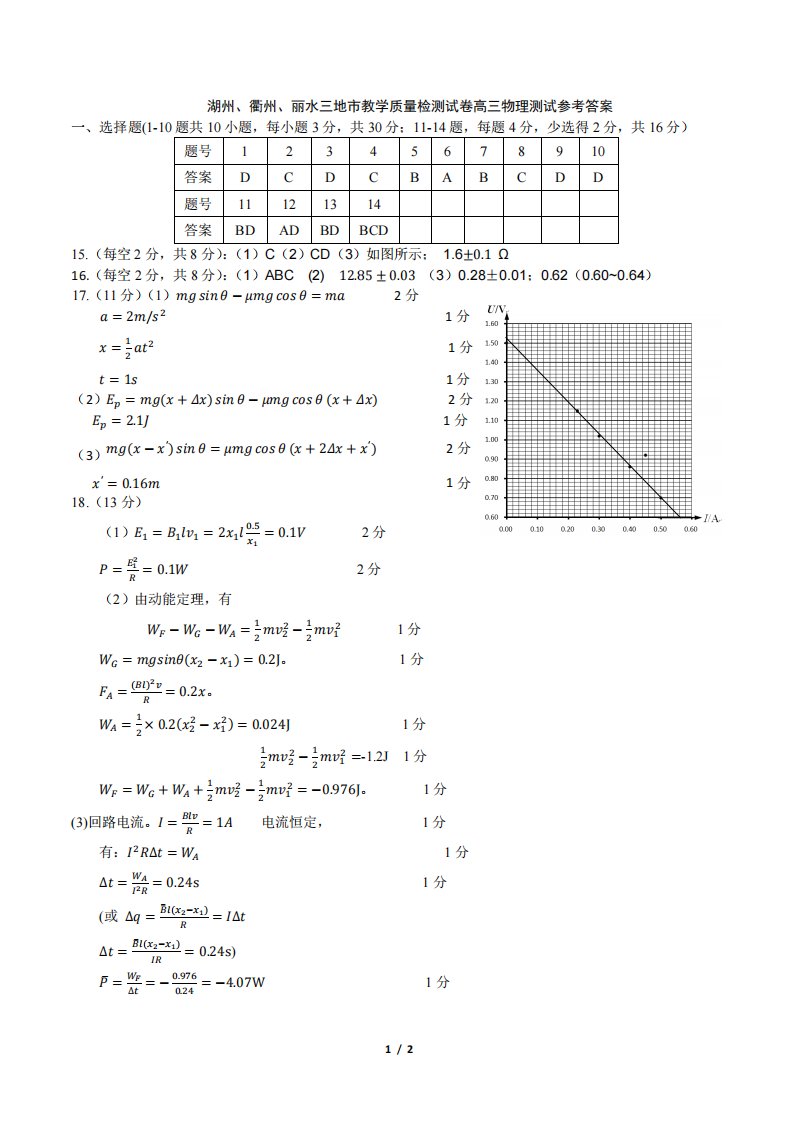 浙江省湖州、衢州、丽水三地市2020届高三物理上学期期中联考试题（PDF）答案
