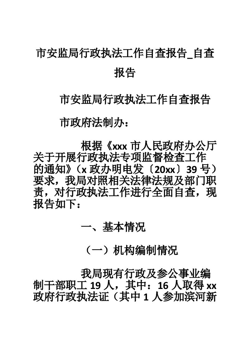 市安监局行政执法工作自查报告