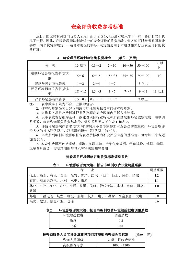 安全评价收费参考标准