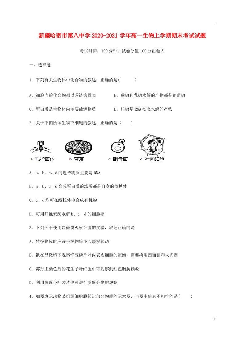 新疆哈密市第八中学2020_2021学年高一生物上学期期末考试试题