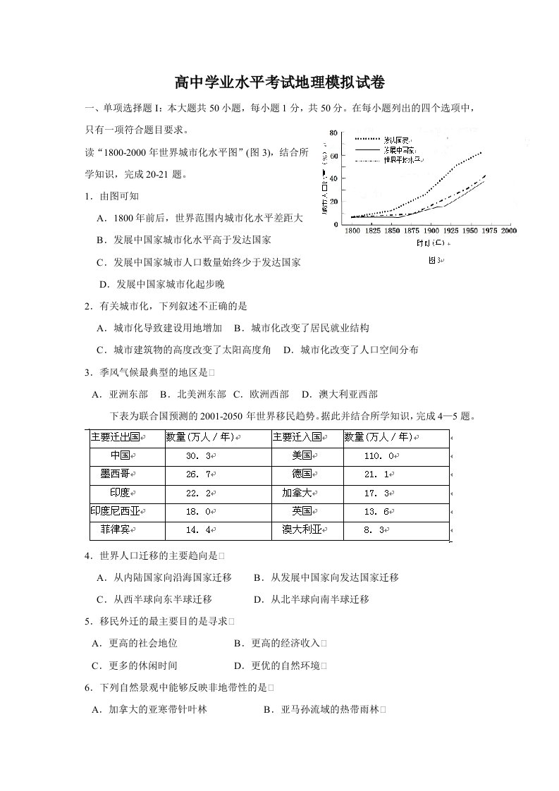 普通高中学业水平考试地理模拟试卷