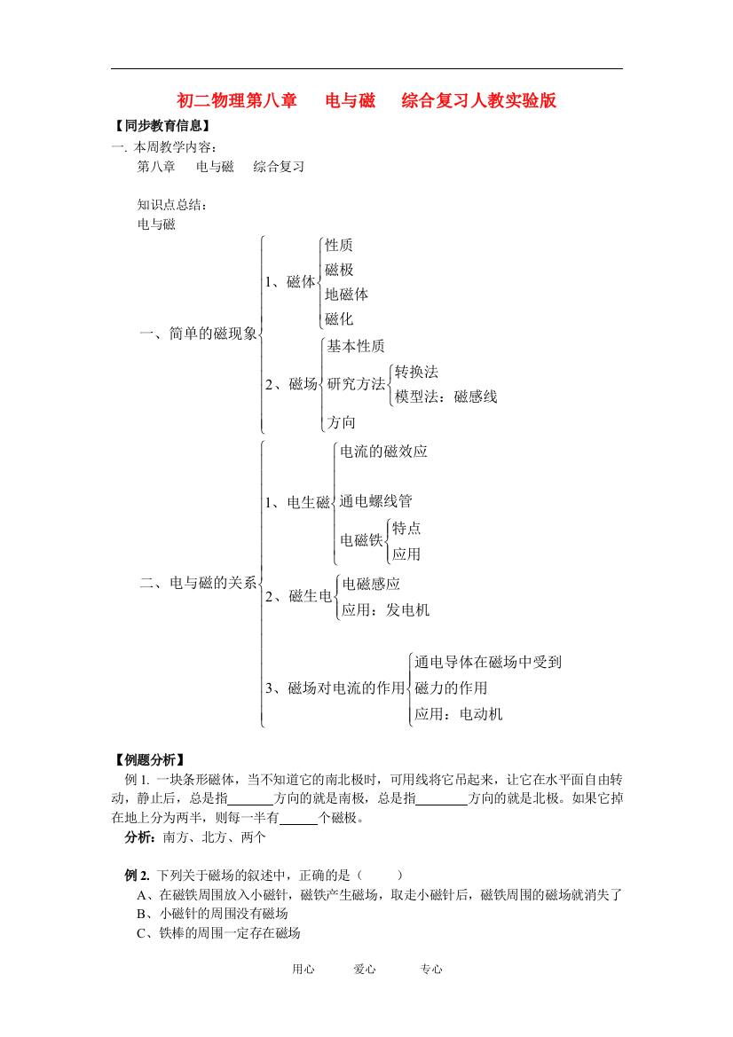 （整理版）初二物理第八章电与磁综合复习人教实验2