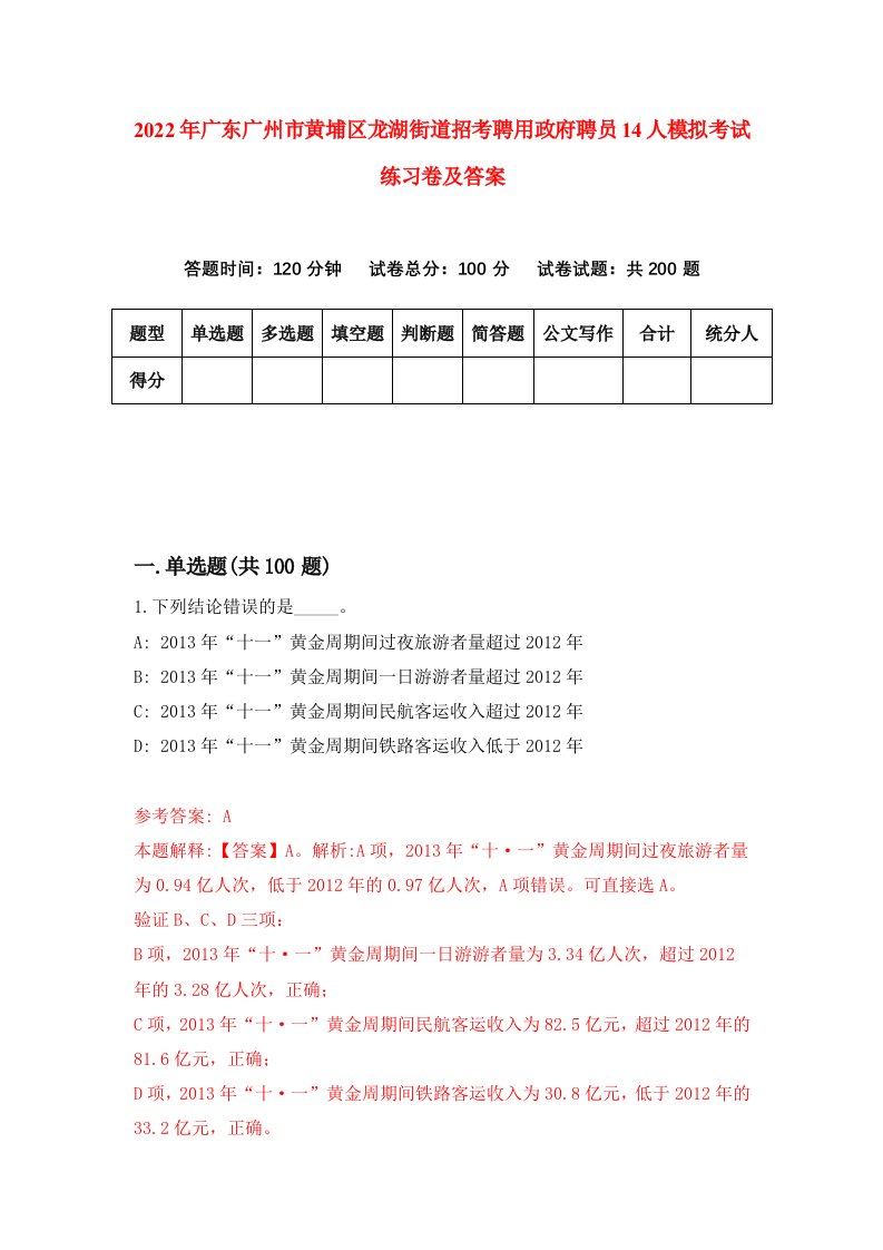 2022年广东广州市黄埔区龙湖街道招考聘用政府聘员14人模拟考试练习卷及答案第7版