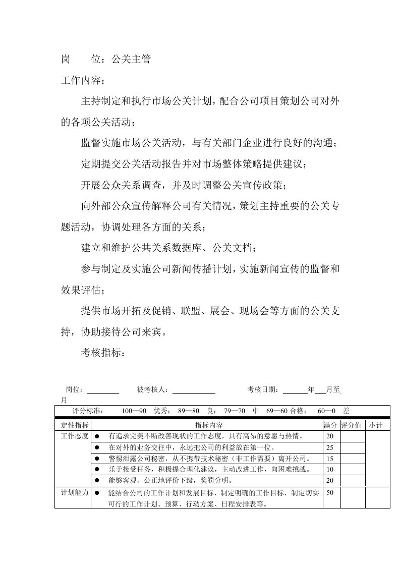 推荐-岗位工作内容和年度定性考核指公关主管