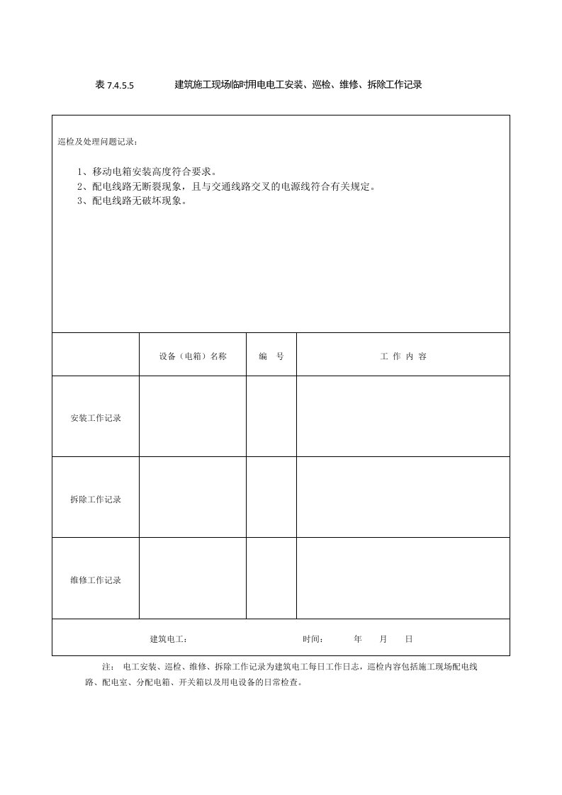 电工安装、巡检、维修、拆除工作记录