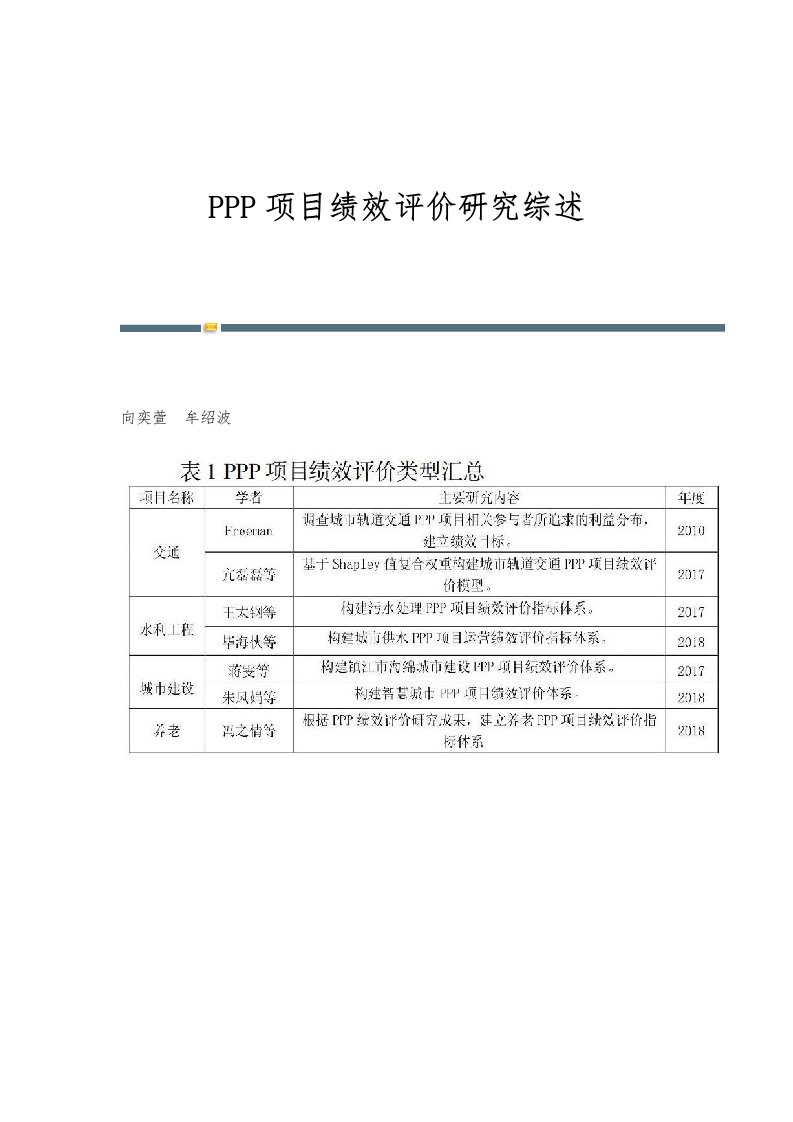 PPP项目绩效评价研究综述