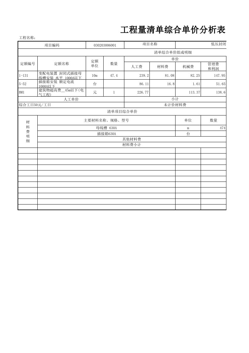 电气工程-电气工程清单综合单价分析表